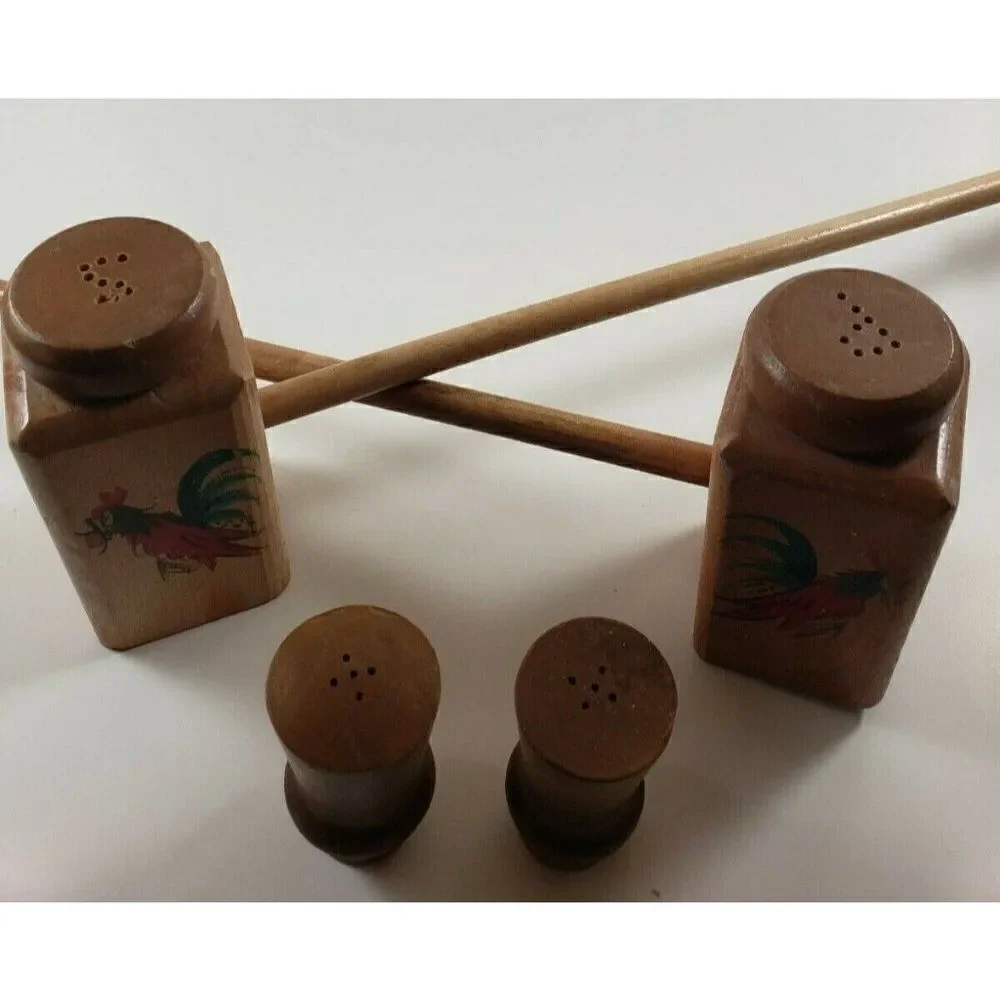 Vintage Mid Century Two Sets Wooden Salt & Pepper Shakers Rooster Chicken 1950s